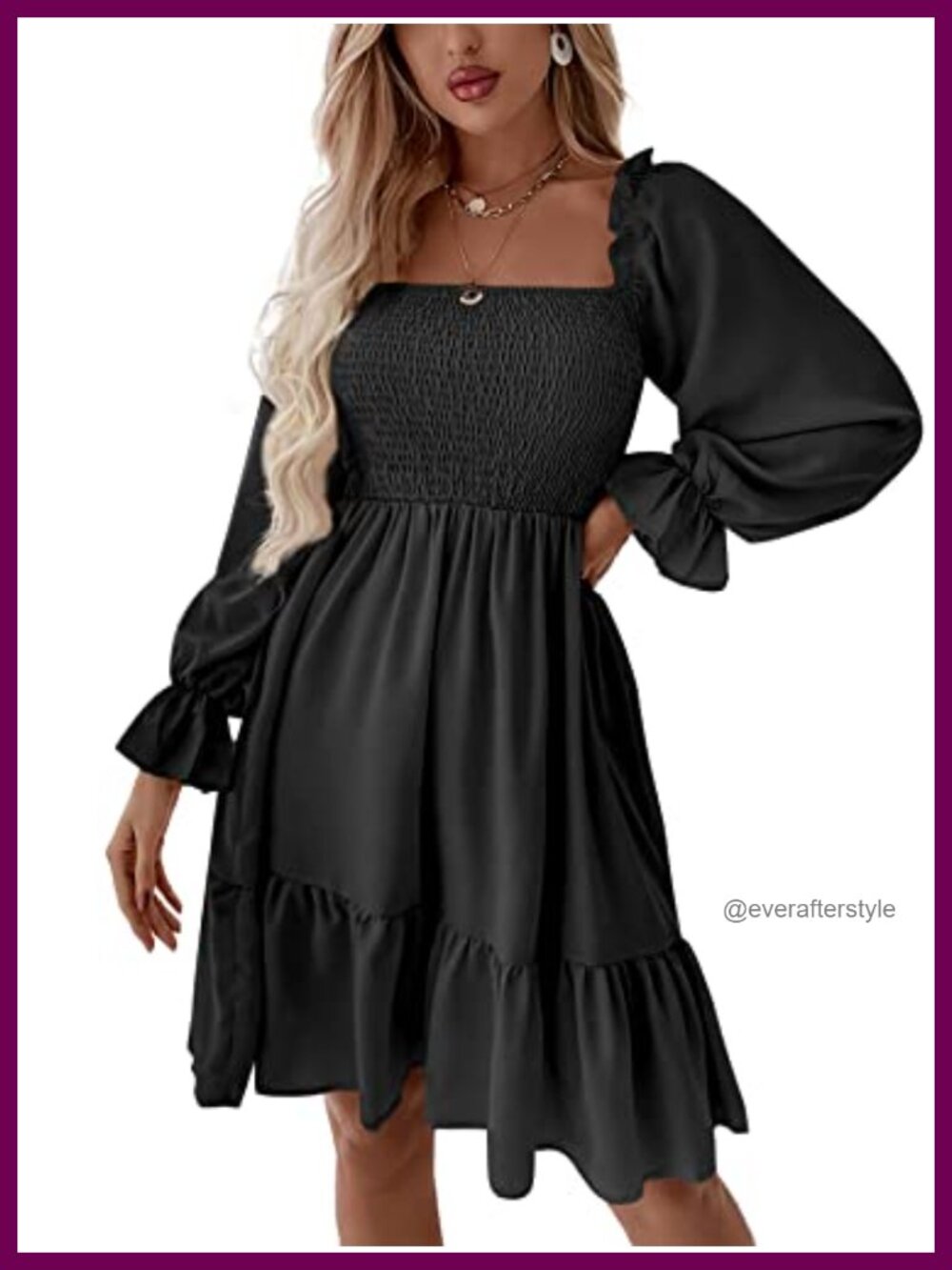 Shirred Square Neck Ruffle Mini Dress Long Sleeve Party Cocktail